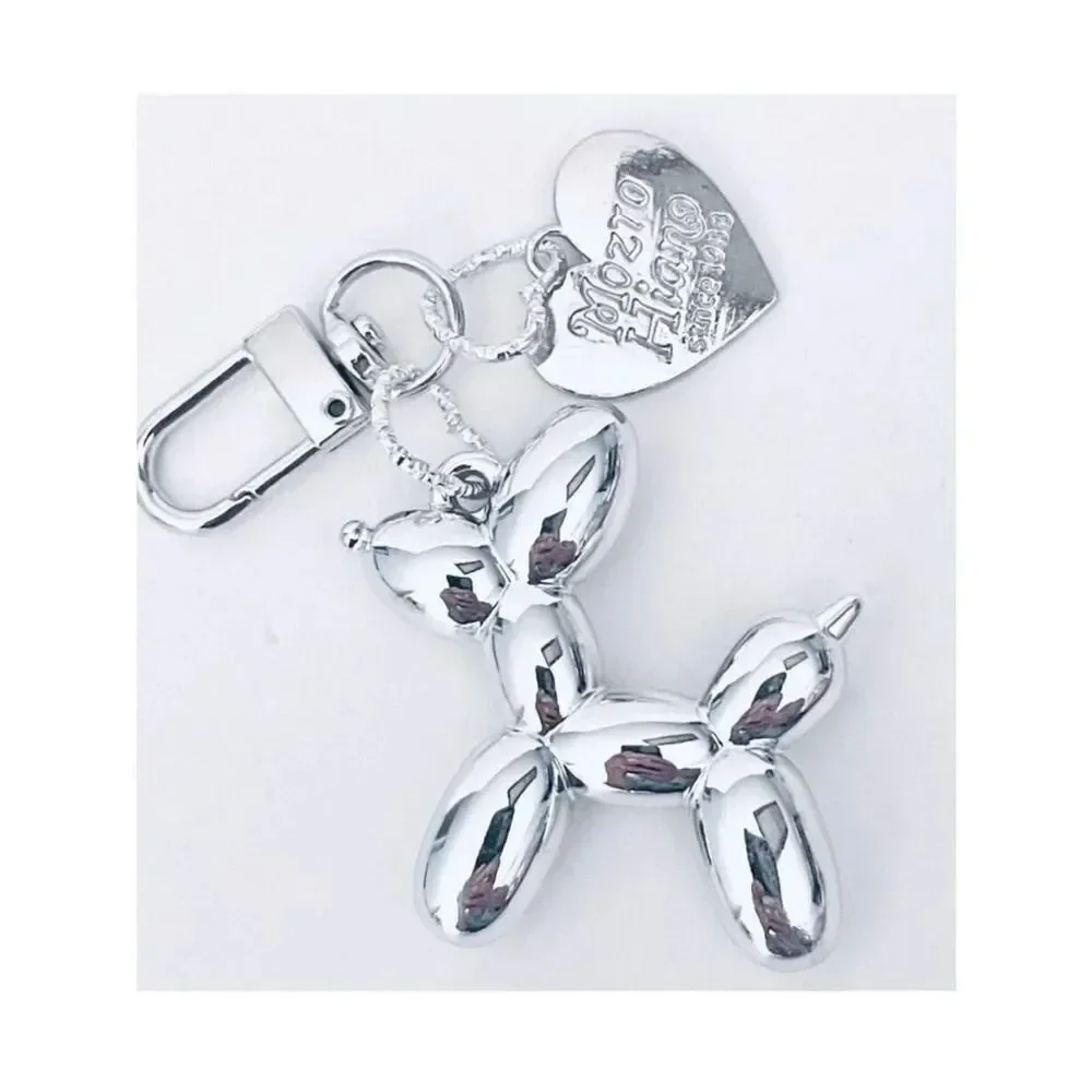NWT Gorgeous Silver Metal Trendy Laser Balloon Art Dog Shiny Keychain Bag Charm